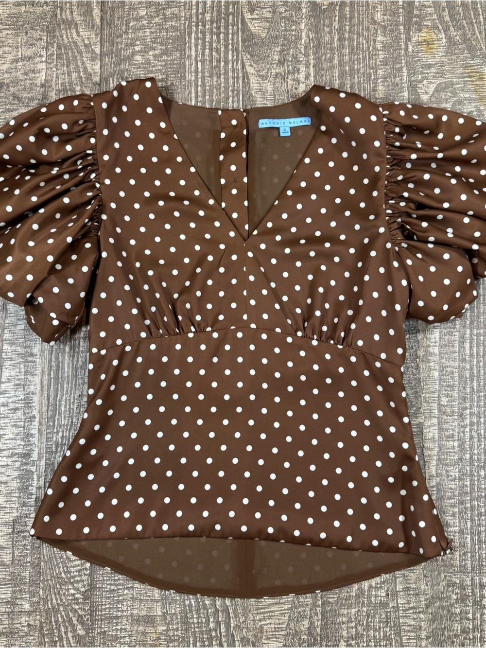 NWOT Antonio Melani Brown Polka Dot Puff Sleeve V-Neck Top